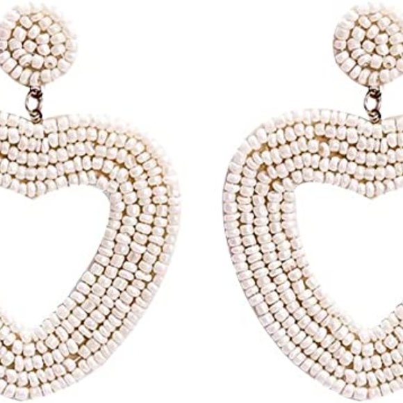 2.5" Handmade Large White Heart Beaded Earrings Beads Handmade - Picture 2 of 4